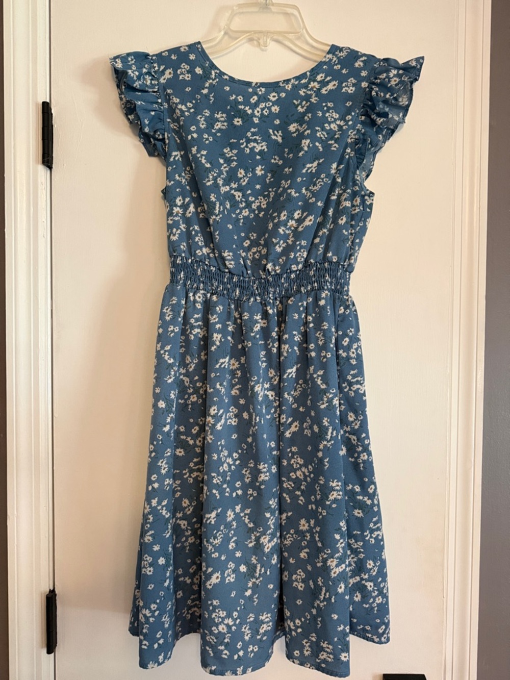 SHEIN Blue Floral Midi Dress with Ruffle Sleeves